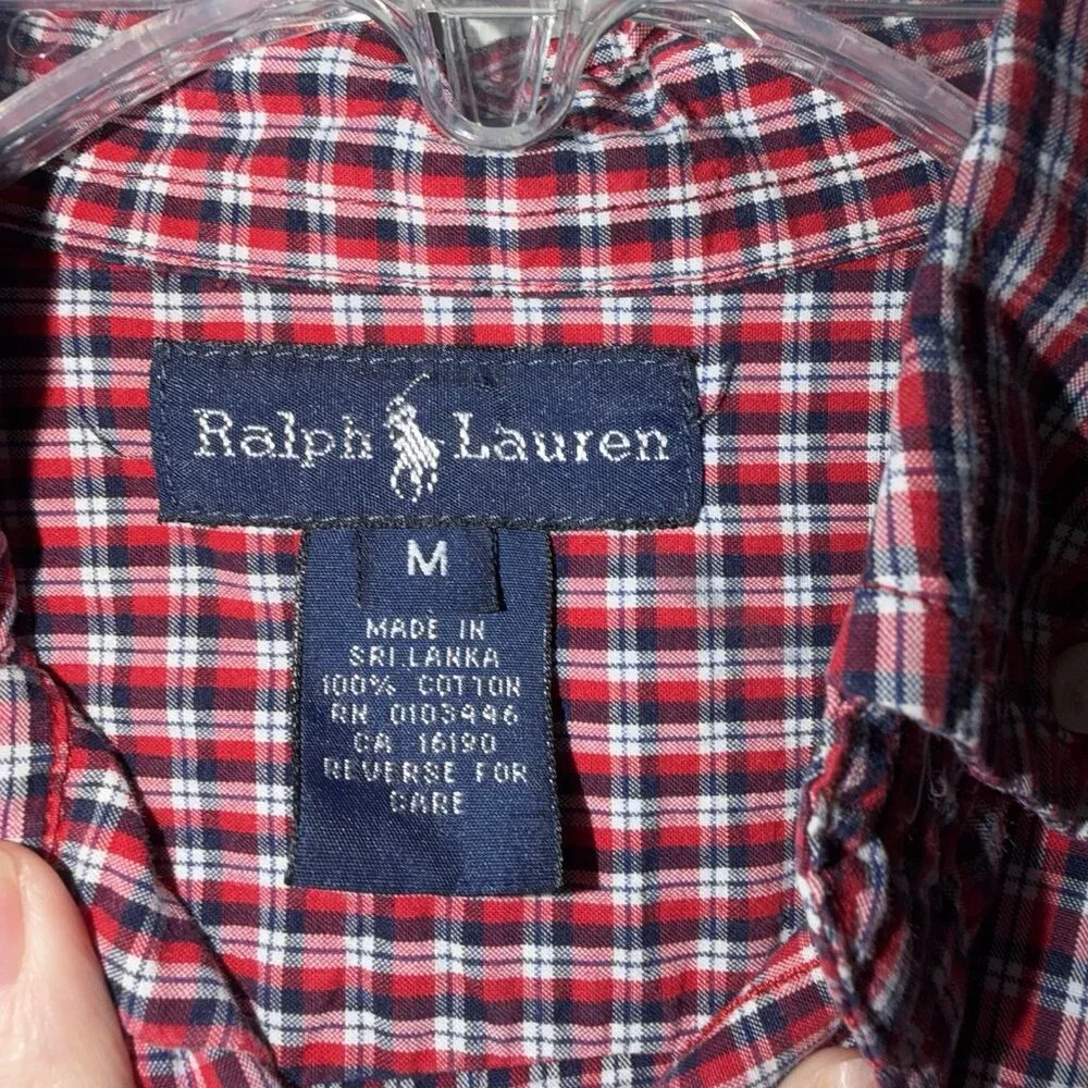 Polo Ralph Lauren‎ Boys Button Down Shirt Red White Blue Plaid M 12 14 Pony Logo